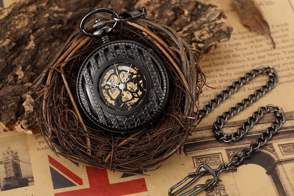 

pocket watches black handwind mechanical watch luxury vintage hollow steampunk men roman numerals clock with chain reloj hombre 230106, Slivery;golden