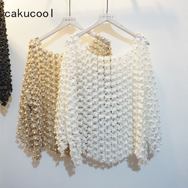 

women's blouses shirts cakucool women luxury pearl beading blouse gold lurex lace hollow out cute shirt flare sleeve elegant blusa pull, White