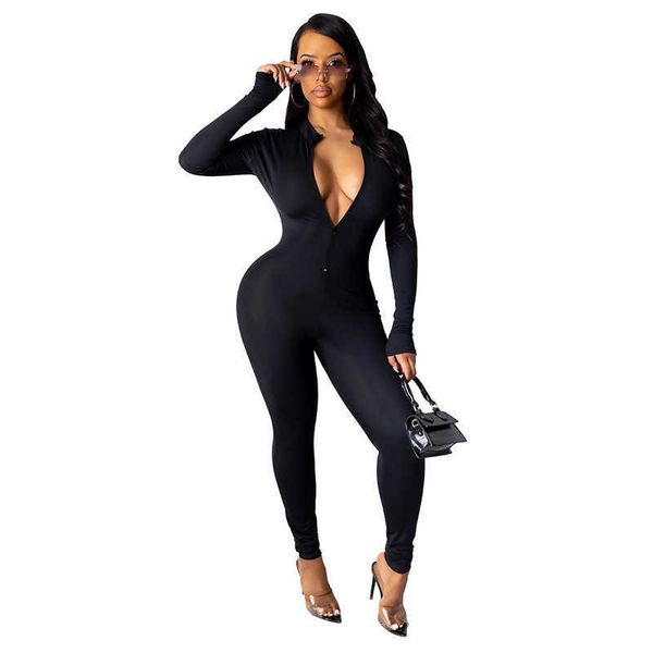 

solid color women jumpsuits zipper long sleeve new slim fit lady leggings onepiece pants, Black;white