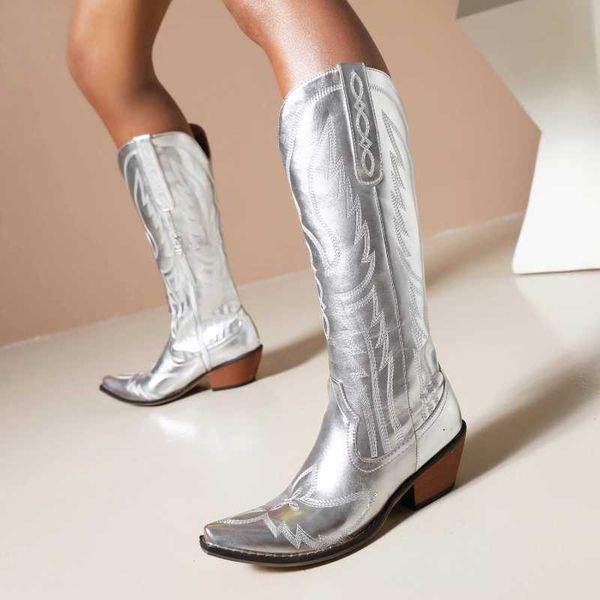 

boots silver winter women's 2022 shiny metallic western denim embroidered knee high pointed toe fall shoes botas mujer 221215, Black