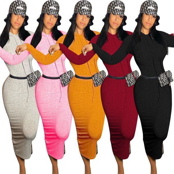 

wholesale knitted rib dresses women fall winter long sleeve hooded dress plus size 2xl casual solid ribbed skirts long style bodycon dress p, Black;gray