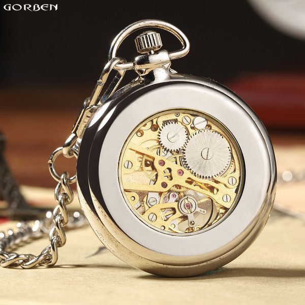 

pocket watches luxury silver skeleton mechacnical mens watch with fob chain smooth steel women hand winding 230106, Slivery;golden
