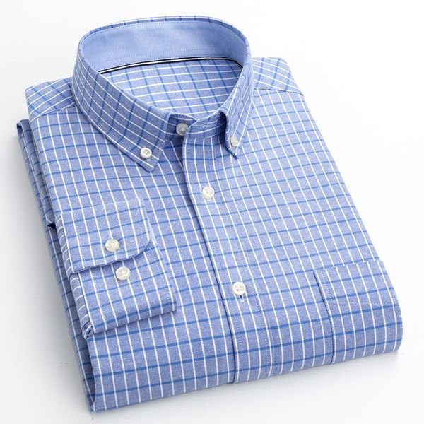

men's casual shirts men oxford long sleeve plaid striped blue color cotton fashion business dress turn down collar clothing 230106, White;black