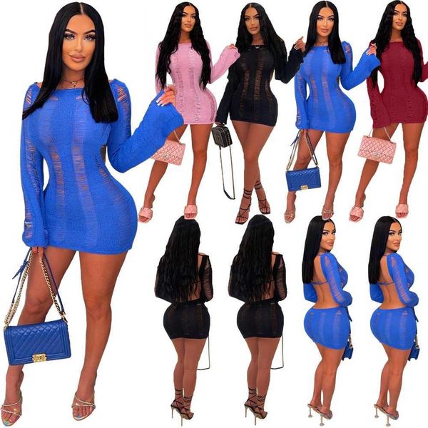 

women dresses designer 2023 new slim hollow thin long sleeve round neck hollow back dress 4 colours, Black;gray