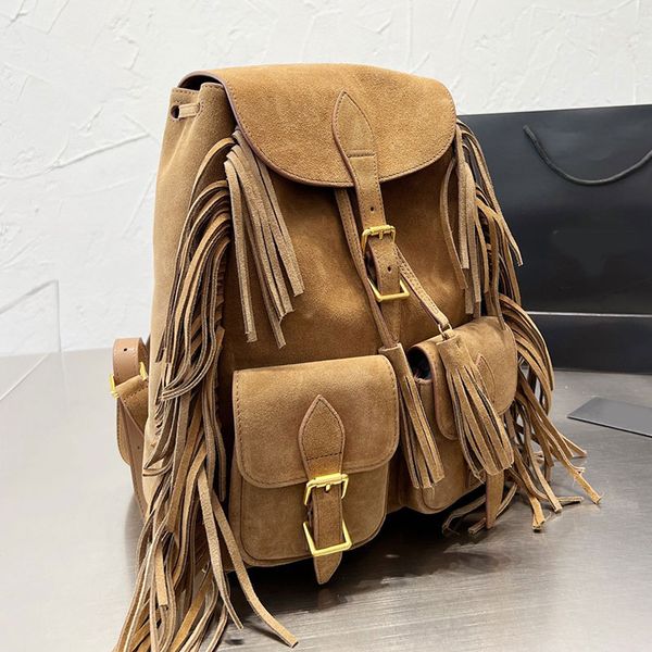 

backpack tote bags tassel shoulder bag women handbag suede string purse plain metal hasp fashion adjustable strap large capacity flap pocket