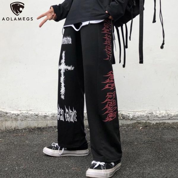 

men's pants aolamegs gothic men japanese casual sweatpants graffiti anime punk hippie wide leg trouser harajuku high street streetwear, Black
