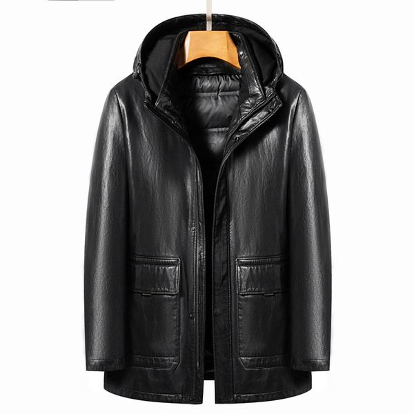 

men's leather down jacket parkas winter coat hooded thick warm outerwear overcoat waindbreakers waterproof male 4xl, Black