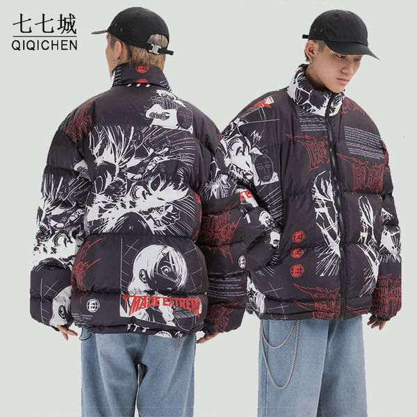 

men's jackets winter warm parkas men comics graffiti street harajuku thicken zipper stand collar padded loose casual coat 230106, Black;brown