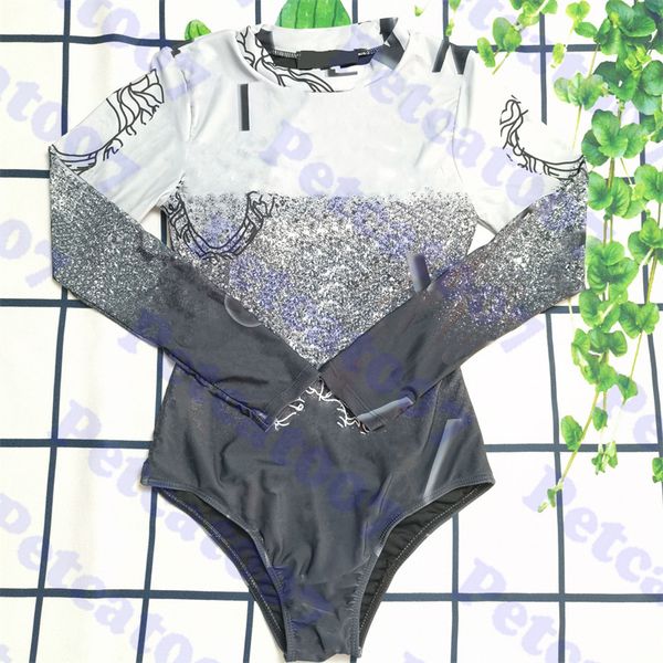 

fashion letter bikini womens long sleeve swimwear black jacquard one piece swimsuit