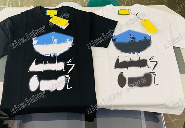 

xinxinbuy men designer tee t shirt paris hand-painted pattern letters print short sleeve cotton women white black khaki xs-2xl, Black;brown
