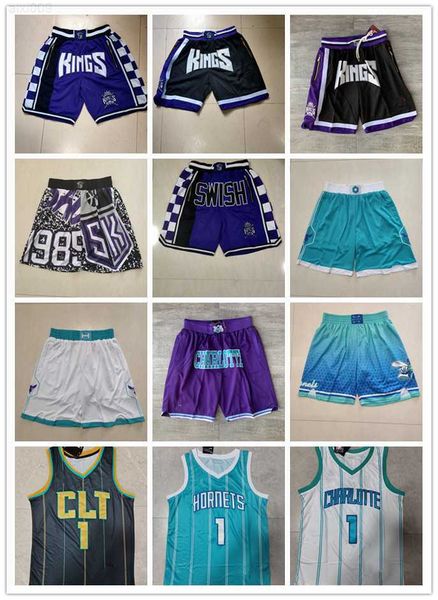 

sacramento''kings''shorts charlotte''hornets''shorts men throwback basketball shorts pocket basketba, Black