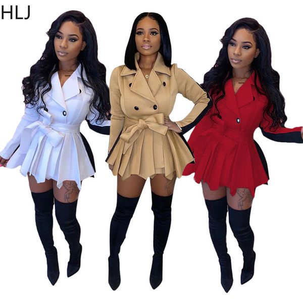 

party dresses hlj fashion lapel double breasted lace up waist pleated dress elegant office lady coats winter casual streetwear clothes 23010, White;black