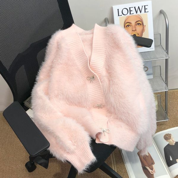 

women's knits tees knitted cardigan sweater pink mink coat women autumn thickened loose v neck niche design cropped 230106, White