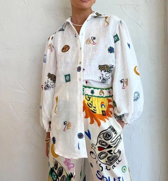 

2023 graffiti-art shirt lapel classical retro style long sleeve shirt, White