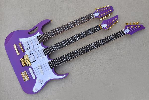 

factory custom purple three necks electric guitar with 12 and 6 and 4 strings guitar gold hardware rosewood fretboard offer customized