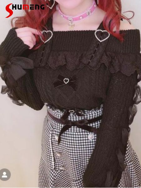 

women's sweaters classic sweet off the shoulder spaghetti strap lace sweater 2023 fall japan style woman slimming long sleeve knitwear, White;black