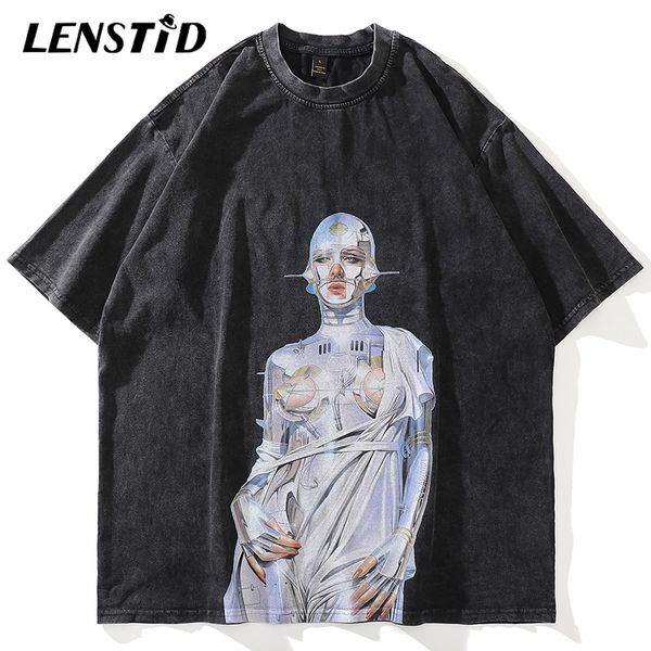 

men's t-shirts lenstid summer men oversize short sleeve tshirts hip hop robot print washed streetwear harajuku casual cotton tees 2301, White;black