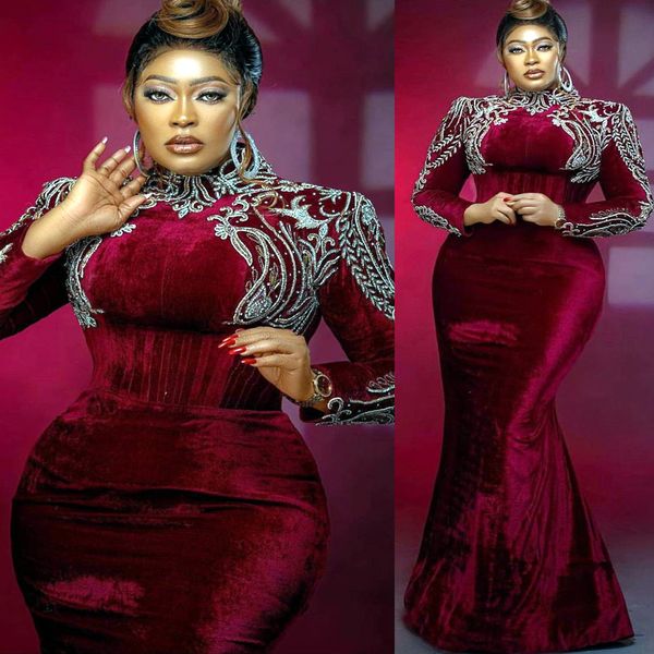 

2023 arabic aso ebi burgundy mermaid prom dresses lace velvet evening formal party second reception birthday engagement bridesmaid gowns dre, Black
