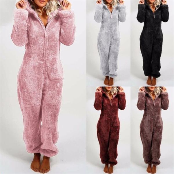 

women's sleep lounge winter warm pyjamas onesies fluffy fleece jumpsuits sleepwear overall hood sets pajamas for adults- 230106