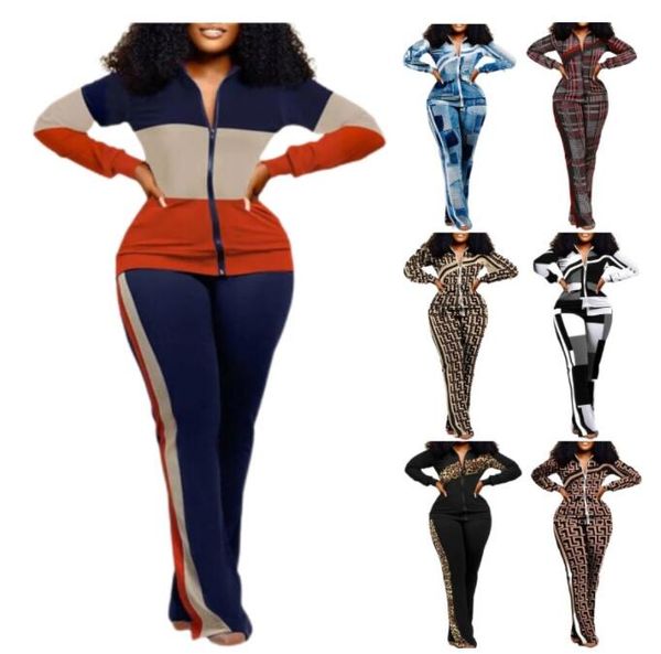 

2023 new women sports tracksuits geometric pattern sweatsuit long sleeve zipper jacket two piece set slim fitting splicing trousers sweatpan, Gray