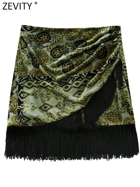 

skirts zevity women vintage paisley floral print hem tassel stitching velvet mini skirt faldas mujer female chic slim vestidos qun3077 23010, Black