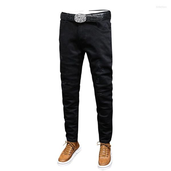 

men's jeans high-street fashion solid color men's high-end casual slim feet elastic trendy all-match pants pencil for men, Blue