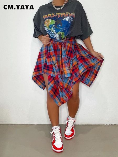 

skirts cm yaya women plaid irregular high waist knee length summer holiday streetwear sleeve wrapped lace up skirt 230105, Black
