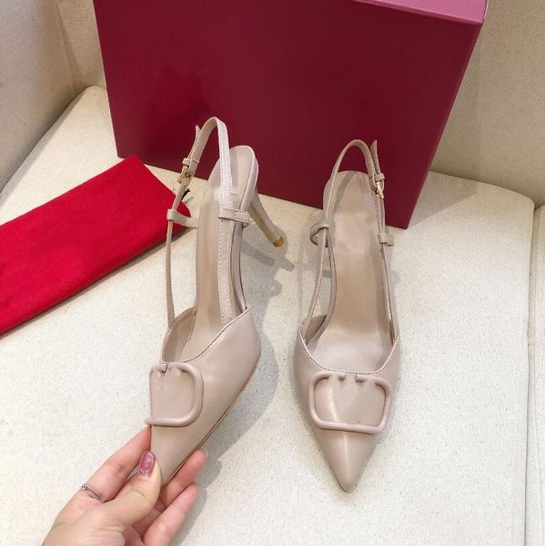 

shoes slippers genuine leather ladys summer vlogo high heels square toe solid black slippers-women slides valentinoes valentinoitys hiq