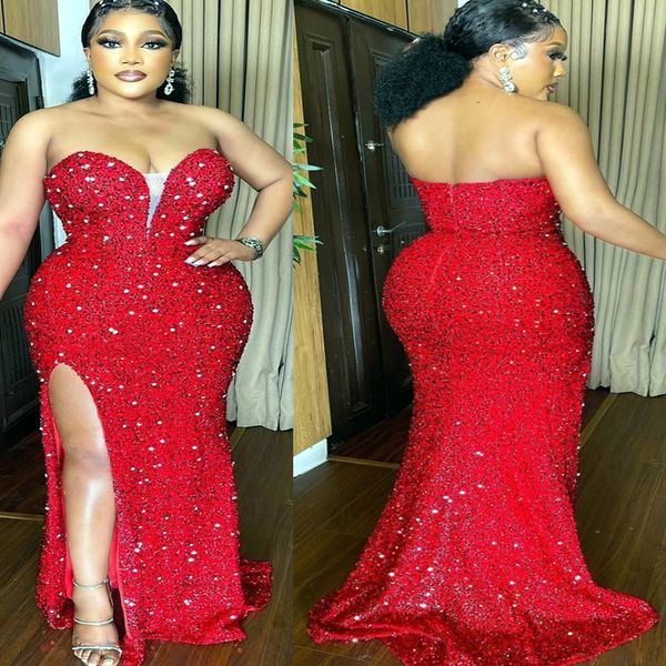 

2023 arabic aso ebi red mermaid prom dresses beaded sequined lace evening formal party second reception birthday engagement gowns dress zj50, Black