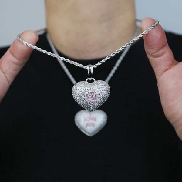 

hip hop heart shaped pendant necklacesiced out bling cubic zircon cz paved letter i love you rock men women jewelry drop ship, Silver