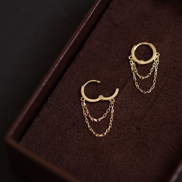 

hoop huggie goldtutu style 9k solid gold tassel chain double dangle drop earring jewelry minimal bride bridesmaid shinning gift 230105, Golden;silver