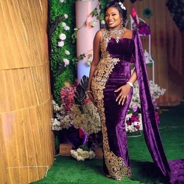 

2022 prom dresses arabic velvet mermaid purple plus size one shoulder gold lace appliques crystal beads formal evening gowns vestido de novi, Black