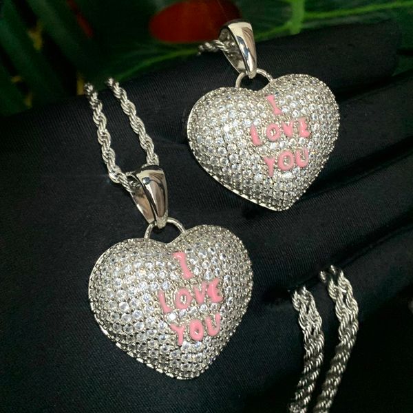 

men women heart pendant necklace hip hop iced out bling cz enamel pink letter i love you hiphop fashion jewelry, Silver