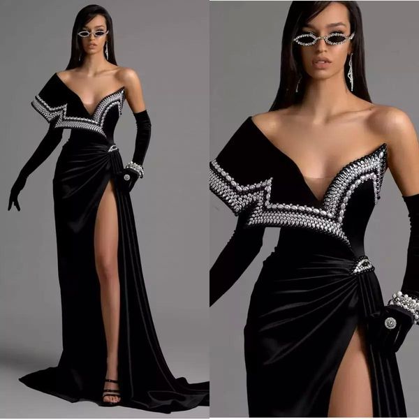 

black velvet evening gowns sweep train off the shoulder mermaid prom dresses high slit pearls vestidos formal celebrity gowns bc14884 0106, Black;red
