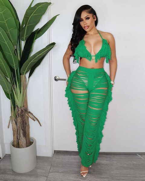 

2023 womens solid bikini knitted beach pants set hollow hole tassel street shoot slim straight casual outfit s-xl, White