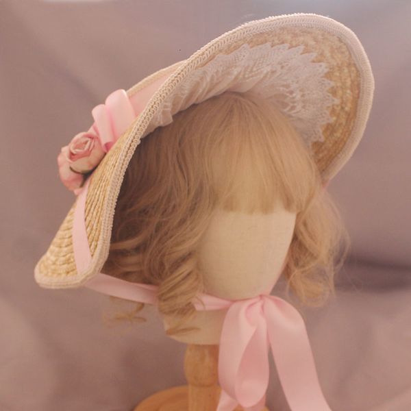 

stingy brim hats vintage french victorian sweet elegant lolita wheatstraw flat hat female straw hat rose bow bandge large eave sunhat 230106, Blue;gray