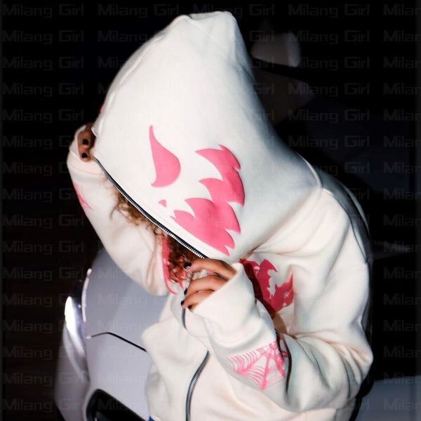 

men s hoodies sweatshirts y2k harajuku retro white oversized sweatshirt loose demon spider web zip up hoodie gothic grunge long sleeved hood, Black