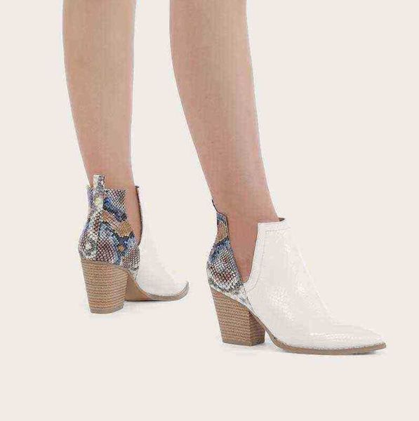 

women boots snake pattern color matching high heeled short autumn and winter large size thin pointed thick heel leather boot 's shoes 0, Black