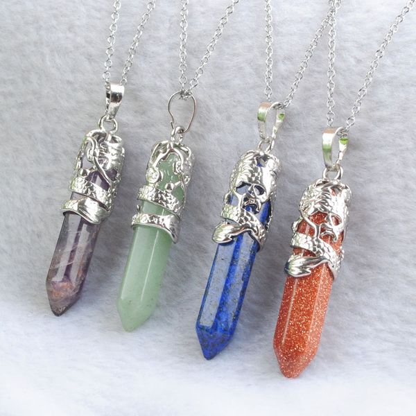 

yowost dangle myth dragon wrapped stone pendant necklaces charm amulet hexagonal pillar natural gemstone fashion jewelry for women men gift, Silver