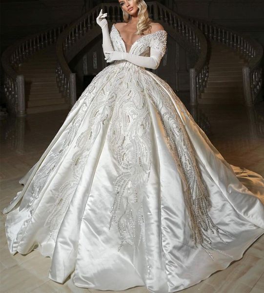 

exquisite ball gown wedding dresses appliques v neck long sleeves sequins ruffles pearls appliques floor length satin ruffles formal dresses, White