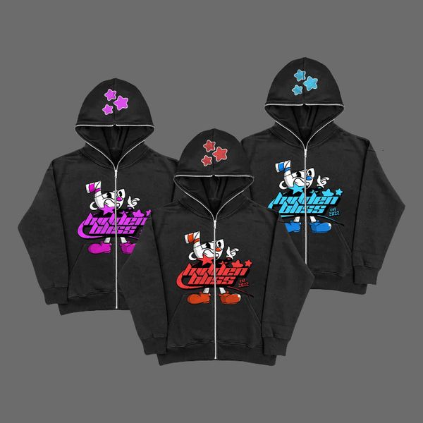 

women's hoodies sweatshirts anime star print loose retro zipper hoodie y2k harajuku head hip hop trend oversized sweatshirt 230106, Black