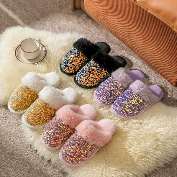 

slippers sequins cotton women's indoor plush couple winter 230106, Black