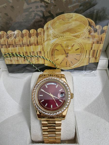 

with box certificate 18k gold daydate diamond watch men stainless diamond bezel automatic wristwatch male watches, Slivery;brown