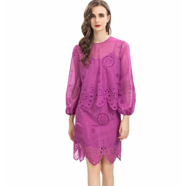 

women's runway two piece dress o neck lantern sleeves embroidery blouse with pencil dress fashion designer twinsets, White