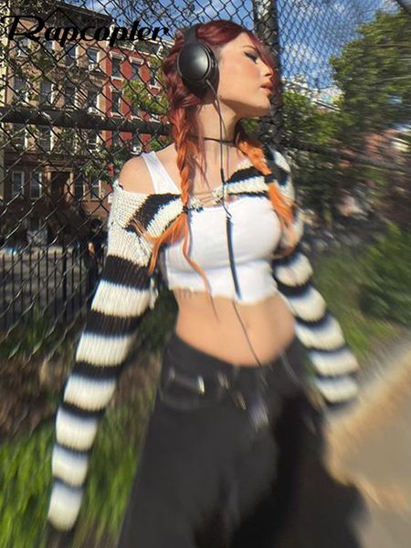 

women s t shirt rapcopter y2k striped crop pin up full sleeve knitted cardiga grunge gothic fashion t shirt sun protection tee retro 230107, White