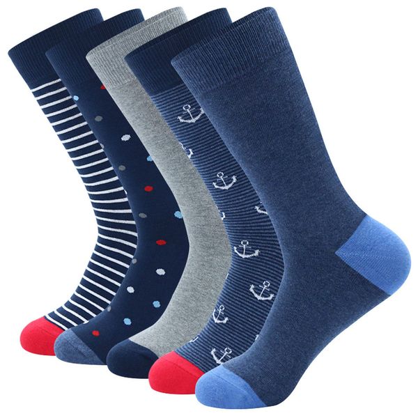 

men s socks 5 pairs fashion colorful business dress stripe dots anchor large size cotton eu41 48 230107, Black