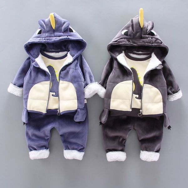 

clothing sets baby boys winter plus velvet thick warm 3pcs outift cartoon dinosaur children clothes sport tracksuit set for kids 230106, White