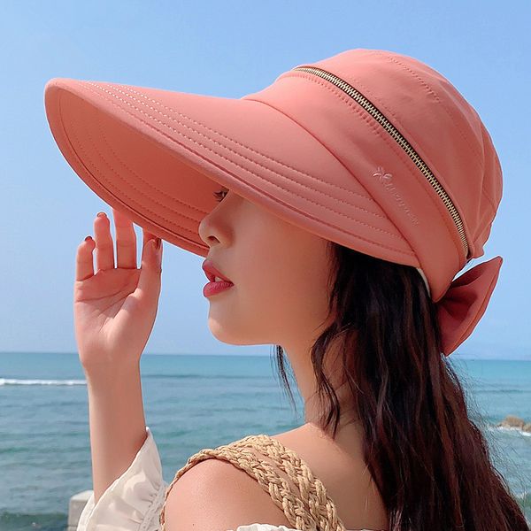 

wide brim hats bucket women's summer sun cap outdoor cycling foldable zipper empty big eaves bowknot beach ladies travel gorras 230106, Blue;gray