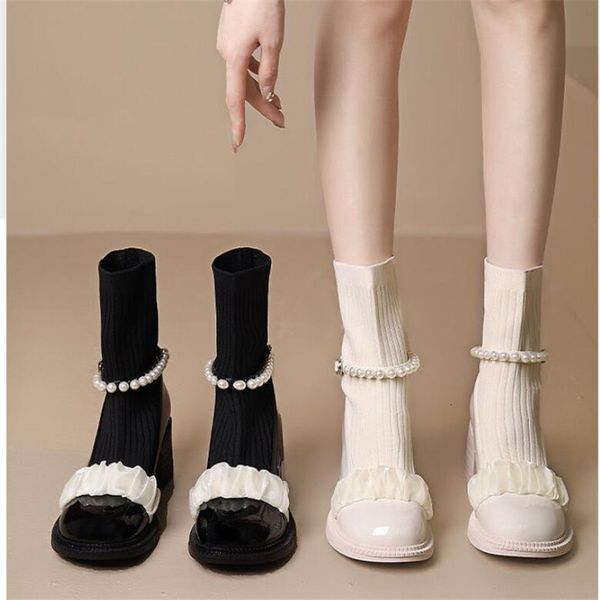 

boots fashion women short pearl slip-on platform mid calf ladies mary jane shoes female autumn casual woman 230106, Black