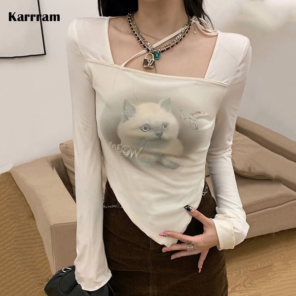 

women s t shirt karrram cat printed long sleeve crop slim square collar irregular t shirt autumn chic design streetwear harajuku 230106, White